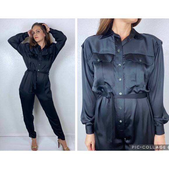 vintage 90s BLACK Liz Claiborne BELTED JUMPSUIT M/L utility military pantsuit - Picture 1 of 10